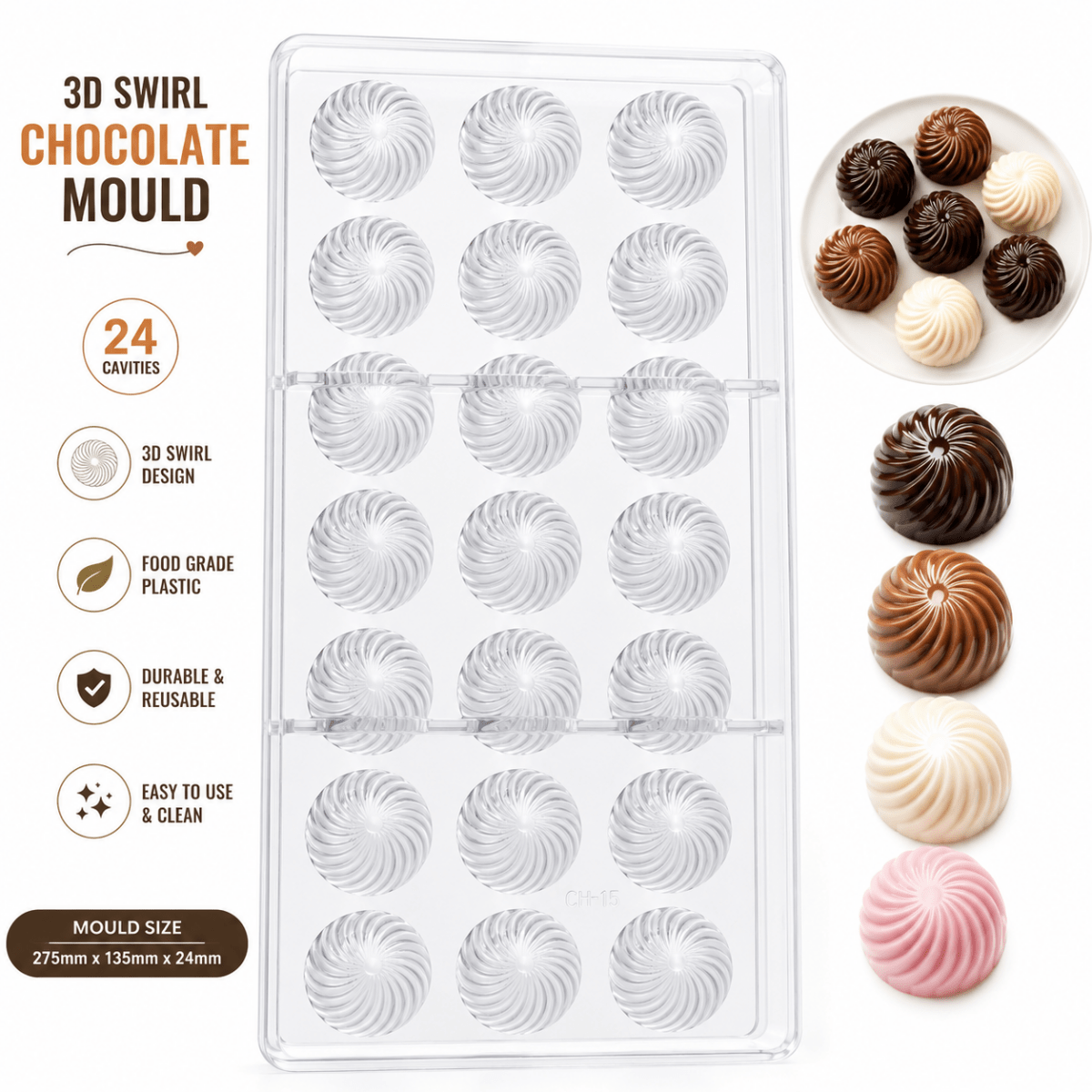 Bakewareind Swirl Dome Shape Polycarbonate Chocolate Mould, 21 cavity - Bakeware India