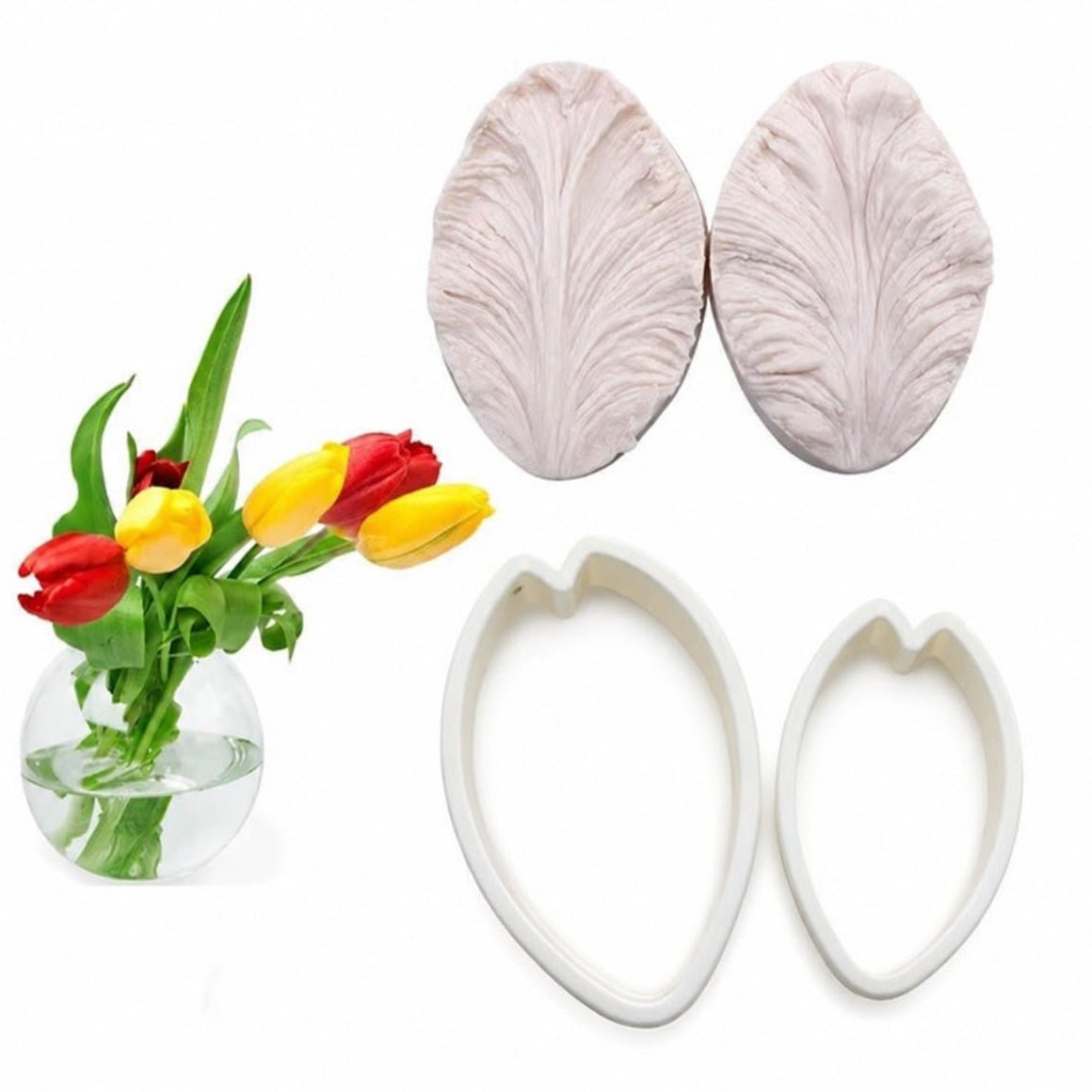 Bakewareind Tulips Petal Veiner Silicone Mould & Stainless Cutter, 4pcs - Bakeware India