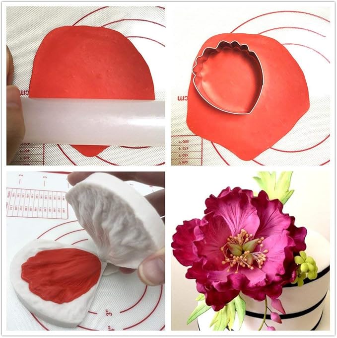 Bakewarind Peony Flower Veiner Silicone Mould & Stainless Cutter, 6pcs - Bakeware India