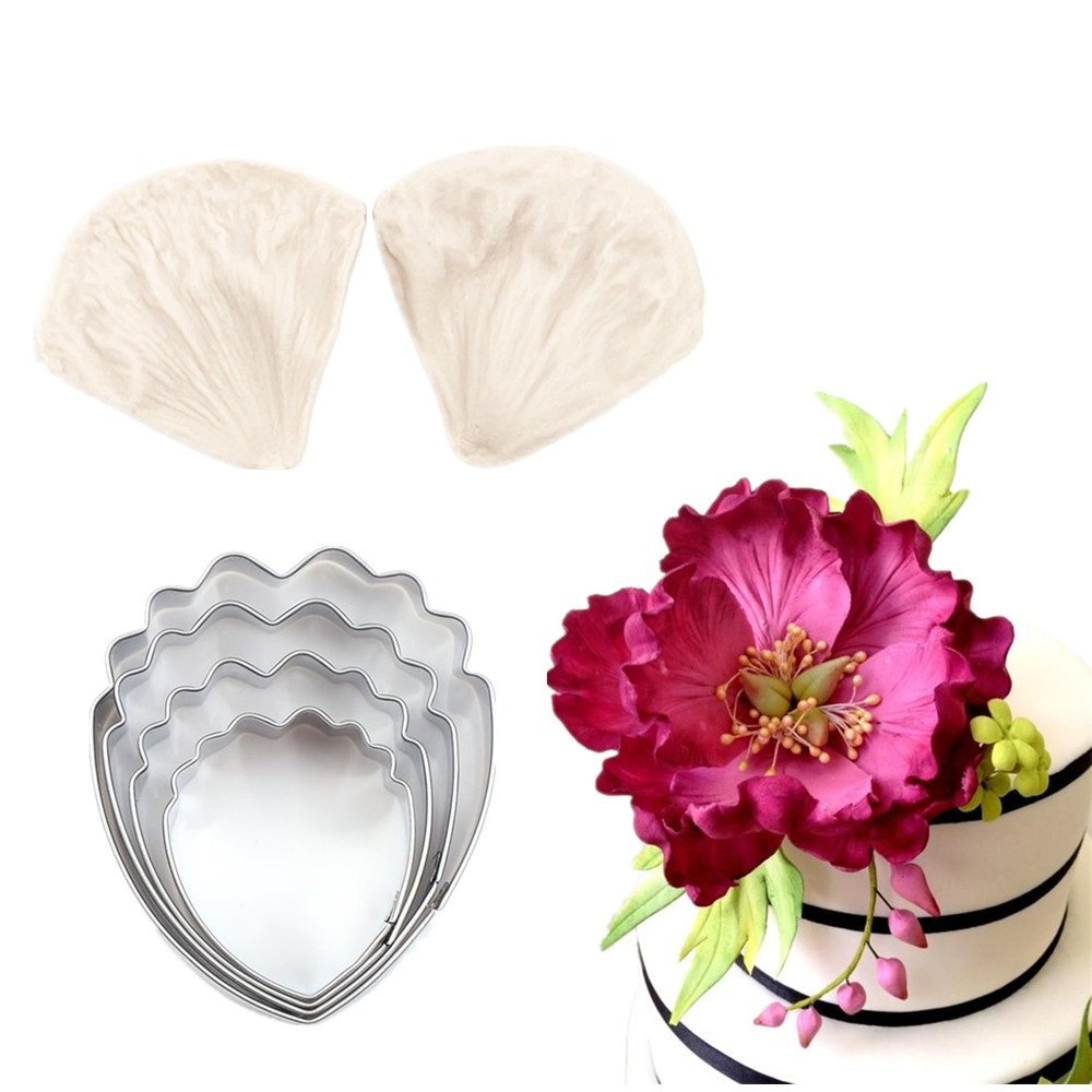 Bakewarind Peony Flower Veiner Silicone Mould & Stainless Cutter, 6pcs - Bakeware India