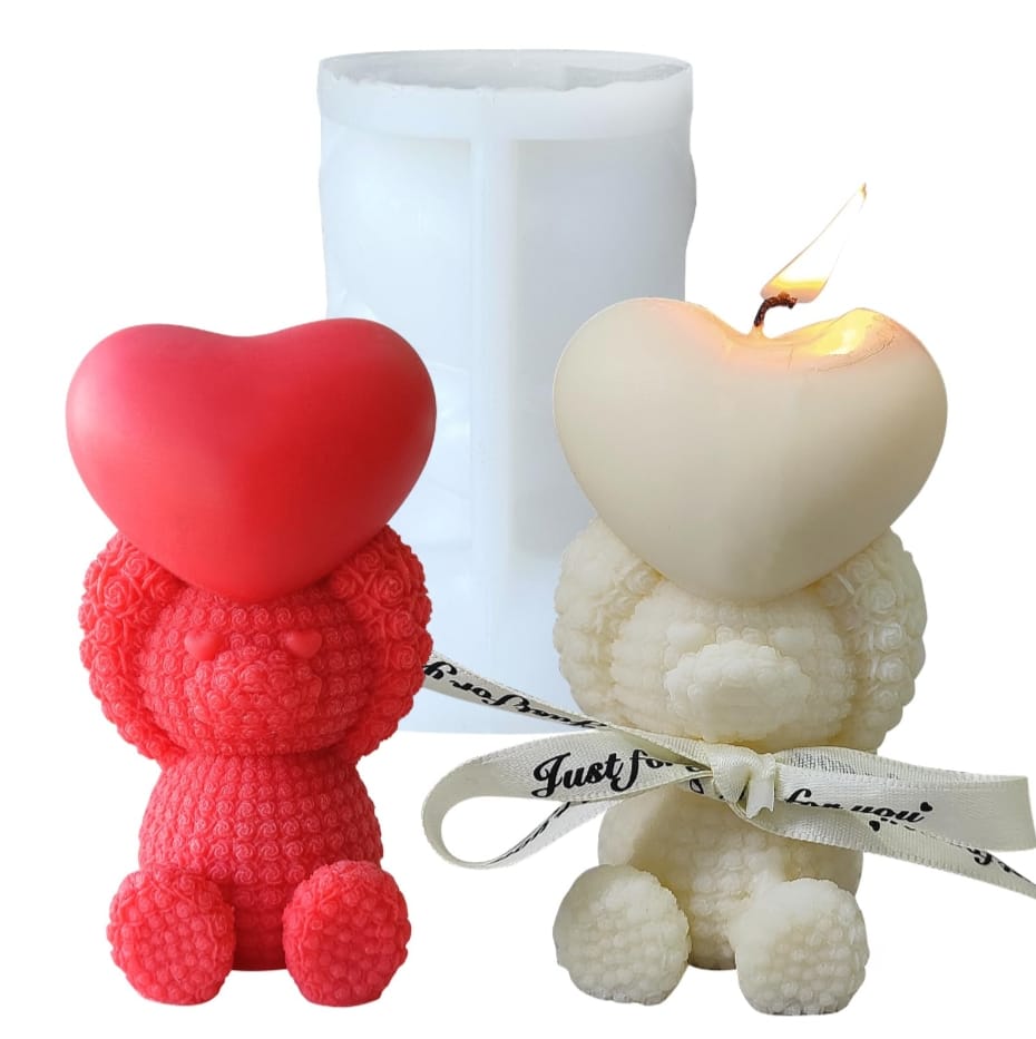 Lyba moulds 3D Sitting Heart Teddy Bear Silicone Mould for Candle Chocolate - Bakeware India