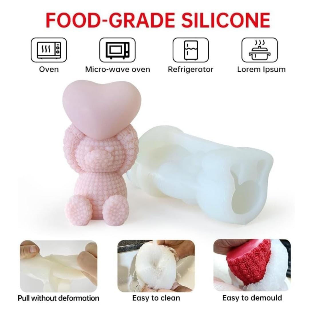 Lyba moulds 3D Sitting Heart Teddy Bear Silicone Mould for Candle Chocolate - Preorder 25th Feb Dispatch - Bakeware India