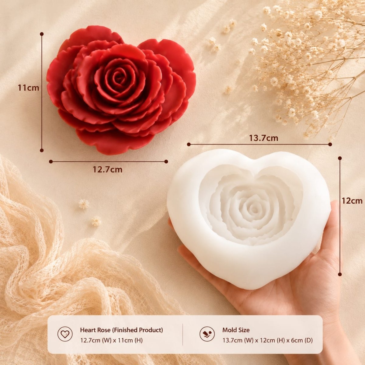 Lyba moulds Big Heart Rose Candle Silicone Mould - Bakeware India