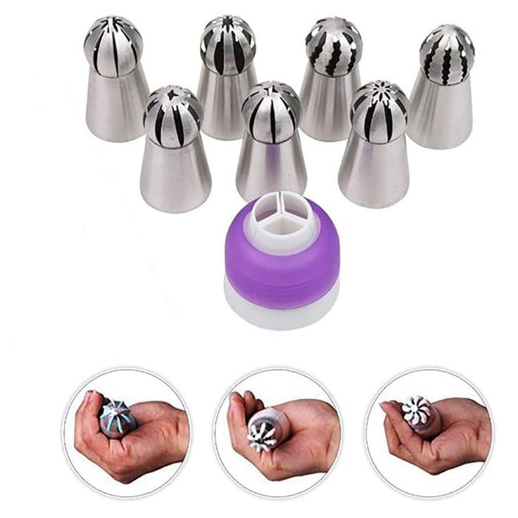Russian spherical balloon icing nozzle set with piping bag and coupler 6pc set - Bakeware India