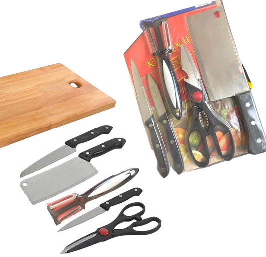 Bakewareind 6 Piece Stainless Steel Kitchen Knives Set, Knife Scissor and Wooden Chopping Board - Bakewareindia