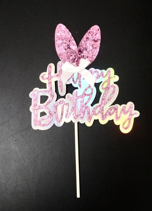 Bakewareind Bunny Ears Happy Birthday Glitter Cake Topper 2pcs - Bakewareindia