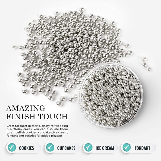 Bakewareind Silver Round Dragees Sprinkles Edible,100gram - Bakewareindia
