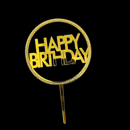 Rhinestone Round Happy Birthday Cake Topper,Golden - Bakewareindia
