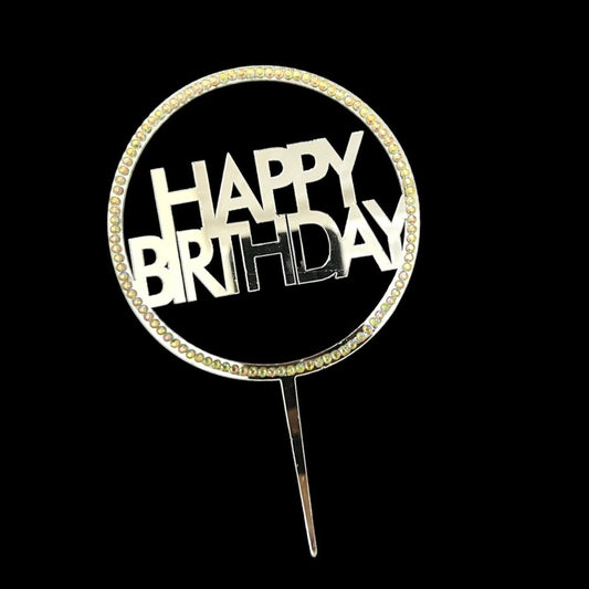 Rhinestone Round Happy Birthday Cake Topper,Silver - Bakewareindia